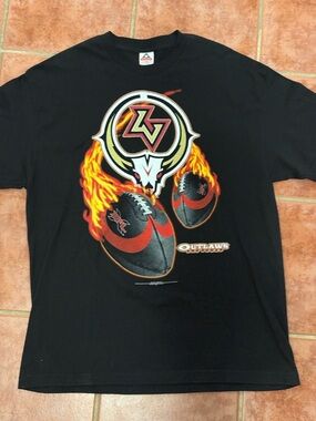 2001 xxl outlaws Las Vegas xfl football Tee - Black with Red & Orange Flame